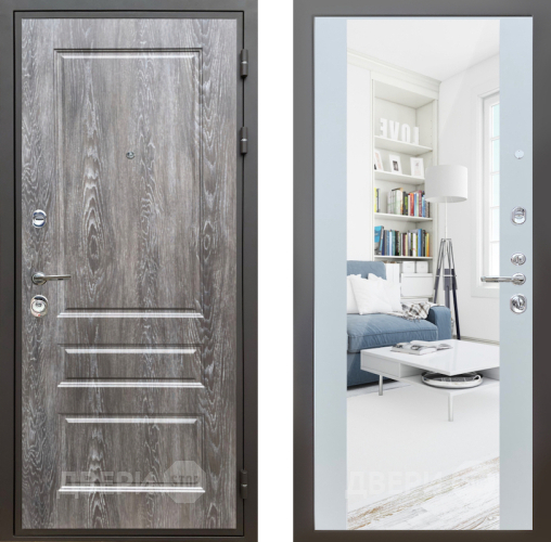 Входная металлическая Дверь Шелтер (SHELTER) Комфорт Дуб шале серебро 13 с зеркалом Белый матовый в Егорьевске