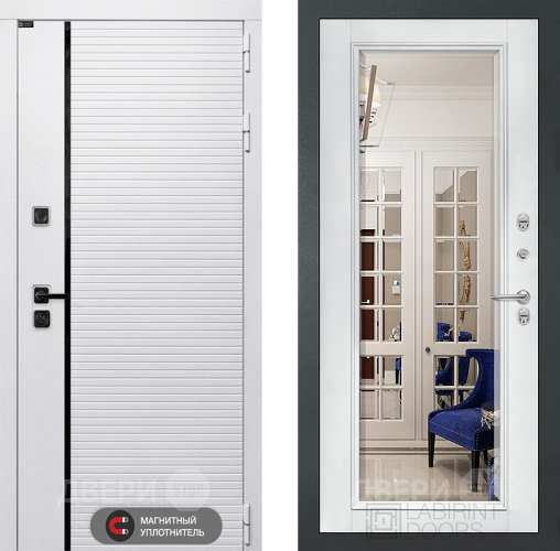 Входная металлическая Дверь Лабиринт (LABIRINT) Royal Зеркало Фацет с багетом Белый софт в Егорьевске